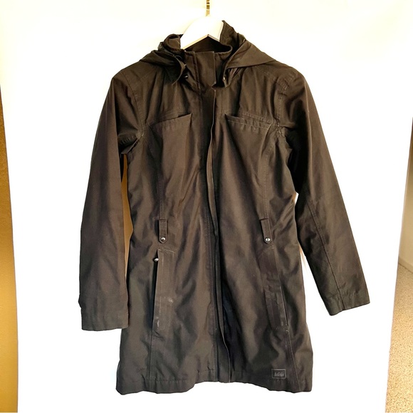 REI E1 Elements Black Trench Coat w/ Detachable Hood - Picture 2 of 11